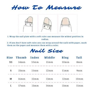 K&ouml;nnte beinhalten: Eine wei&szlig;e Grafik mit blauem Text und Illustrationen, die detailliert beschreiben, wie man N&auml;gel f&uuml;r die Gr&ouml;&szlig;enbestimmung misst. Der Text enth&auml;lt Anweisungen und eine Nageltabelle mit Messungen in Millimetern f&uuml;r Daumen, Zeigefinger, Mittelfinger, Ringfinger und kleinen Finger.