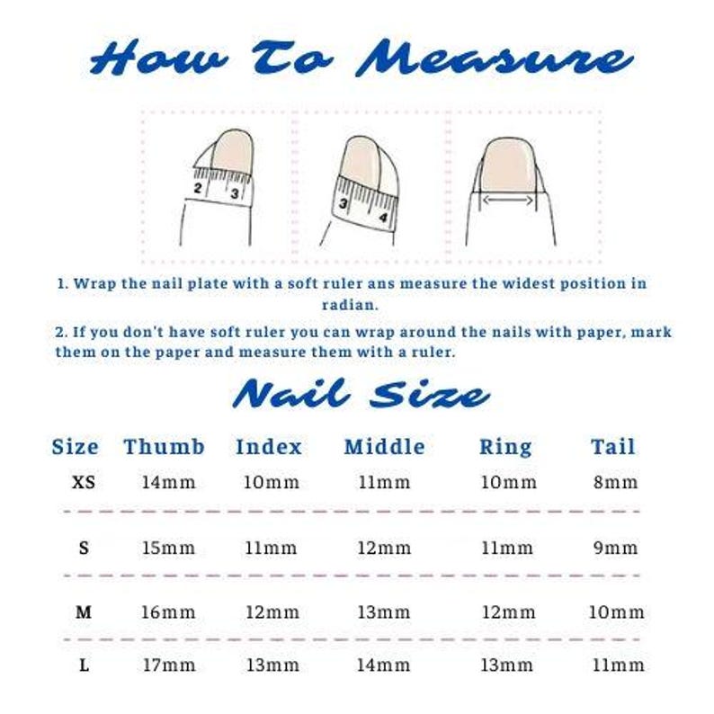 K&ouml;nnte beinhalten: Eine wei&szlig;e Grafik mit blauem Text und Illustrationen, die detailliert beschreiben, wie man N&auml;gel f&uuml;r die Gr&ouml;&szlig;enbestimmung misst. Der Text enth&auml;lt Anweisungen und eine Nageltabelle mit Messungen in Millimetern f&uuml;r Daumen, Zeigefinger, Mittelfinger, Ringfinger und kleinen Finger.