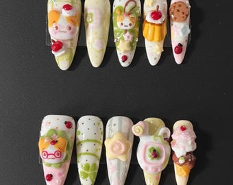 Handmade Kawaii Dessert Press On Nails | Ice Cream, Cookie & Bunny 3D Charms | Long Oval Nails For Sweet Playful Vibes