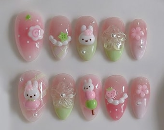 Handmade Kawaii Bunny Press On Nails | 3D Cherry Blossom & Spring Dessert Art | Japanese Sakura Dango Pink Almond Fake Nails