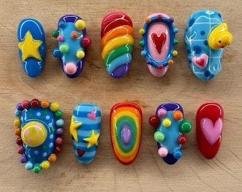 Handmade Y2K Rainbow Pop Press On Nails | 3D Bubbles, Stars, Hearts & Rubbing Duck Art | Short Round Nails For Playful Colorful Vibes