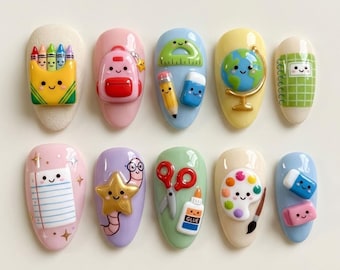 Uñas postizas Kawaii hechas a mano para la vuelta al cole / Arte 3D de útiles escolares / Lindas uñas postizas de maestra en tonos pastel