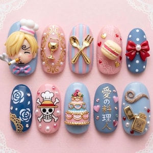 One Piece Sanji Inspired Press On Nails | 3D Chef Sanji Anime Nail Art | Luxury Straw Hat Pirates False Nails | 3D Dessert & Wine Nails