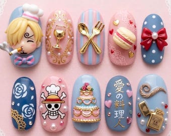 Uñas postizas inspiradas en Sanji de One Piece / Diseño de uñas 3D de Sanji chef estilo anime / Uñas postizas de lujo de los Piratas del Sombrero de Paja / Uñas 3D de postres y vinos