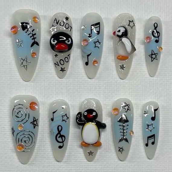 Handmade 3D Pingu Penguin Press On Nails | Musical Notes & Fish Skeleton Art | Blue Ombre Stiletto Nails | Kawaii Winter Art