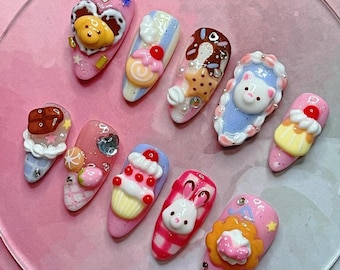 Handmade Kawaii Dessert Bunny Press On Nails | 3D Cupcakes, Ice Cream & Animal Charms | Almond Nails For Sweet Pastel Vibes