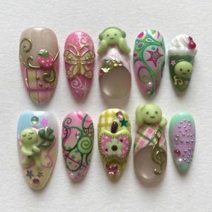 Handmade 3D Smiski Press On Nails, Kawaii Y2K Harajuku Fake Nails, Pastel Plaid Decora Almond Manicure