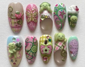 Handmade 3D Smiski Press On Nails, Kawaii Y2K Harajuku Fake Nails, Pastel Plaid Decora Almond Manicure