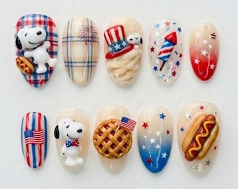Handmade 4th of July Snoopy Press on Nails - 3D Hot Dog American Flag False Nails - Independence Day Pie