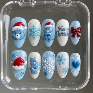 Handmade Care Bear Christmas Press On Nails | Kawaii 3D Santa Hat Hand Painted Art | Festive Baby Blue Glossy Holiday Nails