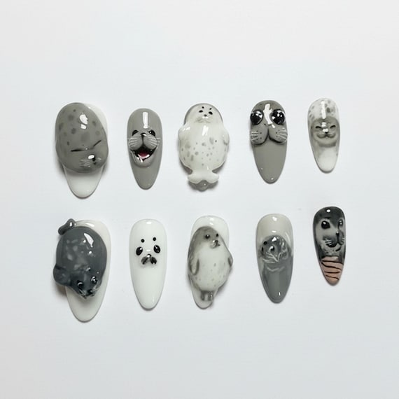 Handmade Kawaii Seal Press On Nails | 3D Sea Pup, Gray & White Marine Art | Cute Oval Nails For Ocean Lover Aesthetic