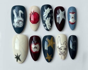 Handmade Whimsical Art Press On Nails | Rabbit, Moon, Star & Apple Design | Long Almond Nails For Vintage Fantasy Look