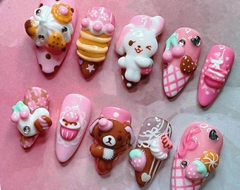 Handmade Dessert Kawaii Press On Nails | Cute 3D Bear & Bunny Nail Set | Ice Cream Cupcake Candy Design | Pink Chocolate Nails