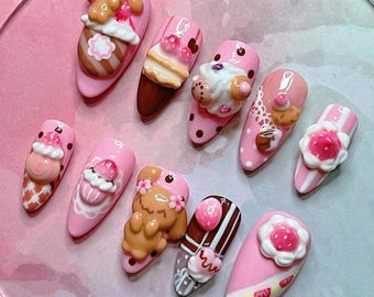 Handmade Dessert Bear Press On Nails | 3D Cupcake & Strawberry Nail Set | Pink Chocolate Kawaii Sweet Café Nails