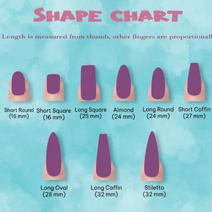 K&ouml;nnte beinhalten: Eine Nagelschart mit dem Titel "SHAPE CHART" in rosa Schrift. Die Tabelle zeigt neun verschiedene Nagelformen, darunter Short Round, Short Square, Long Square, Almond, Long Round, Short Coffin, Long Oval, Long Coffin und Stiletto.