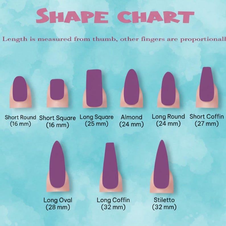 K&ouml;nnte beinhalten: Eine Nagelschart mit dem Titel "SHAPE CHART" in rosa Schrift. Die Tabelle zeigt neun verschiedene Nagelformen, darunter Short Round, Short Square, Long Square, Almond, Long Round, Short Coffin, Long Oval, Long Coffin und Stiletto.