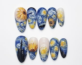 Handmade Starry Night Press On Nails | Blue Swirl Sky & Sunflower 3D Art | Artistic Nails For Van Gogh Inspired Vibe