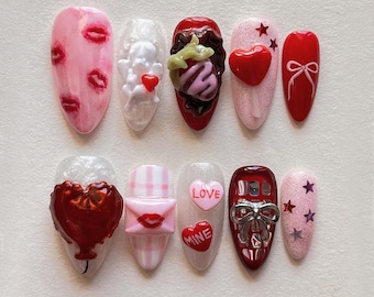 Handmade Valentine Love Press On Nails | 3D Hearts, Lips & Cupid Art | Pink Red Nails For Romantic Sweetheart Vibe