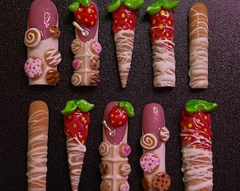 Uñas postizas 3D de fresa y galletas / Uñas con diseño de comida realista / Uñas postizas de postre pintadas a mano / Uñas dulces con estética coqueta