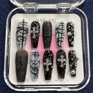 Gothic Black Press On Nails | Dark Ombre Nail Art with Cross Charms & Silver Studs | Handmade Edgy Fake Nail Set