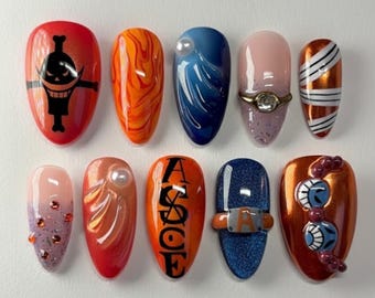 Handmade One Piece Ace Anime Press On Nails | Fire Flame & 3D Hat Beads | ASCE Tattoo Design | Nails For Manga Fans