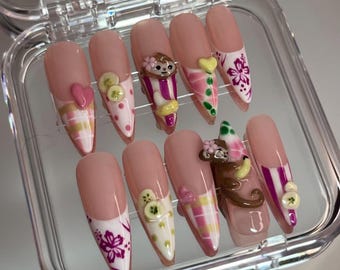 Handmade 3D Monkey & Banana Press On Nails | Kawaii Tropical Hibiscus Art | Stiletto Nails | Y2K Plaid and Polka Dot Design