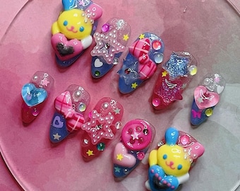 Handmade Kawaii Bunny Bear Press On Nails | Pink & Blue 3D Nail Art with Hearts Stars | Cute Fairycore Harajuku Nails Gift