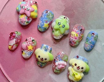 Uñas postizas Kawaii Dreamland hechas a mano / Juego de uñas 3D de oso y estrella / Uñas japonesas con diseño de arcoíris pastel Fairycore