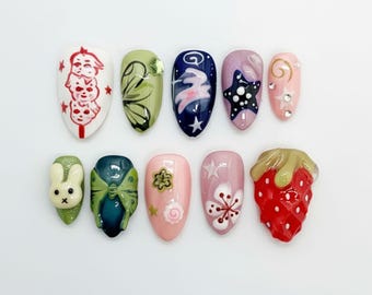 Handmade Cute Dessert Press On Nails | Strawberry, Bunny & Bow 3D Art | Almond Nails For Playful Kawaii Style