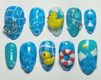 Handgemachte 3D Gummi Ente Drücken Sie auf die Nägel, Sommer Schwimmbad Gefälschte Nägel, Nette Blau Wasser Ripple Maniküre