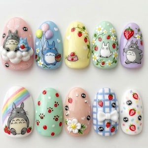 Kawaii Totoro Press On Nails Set | Detailed My Neighbor Totoro Ghibli Nail Art | Cute Anime Fake Nails with 3D Strawberry Soot Sprites