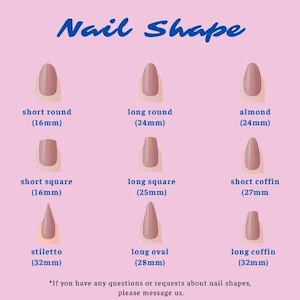 K&ouml;nnte beinhalten: Auf rosa Hintergrund sind neun Nagelformen abgebildet: kurz rund (16mm), lang rund (24mm), Mandel (24mm), kurz eckig (16mm), lang eckig (25mm), kurz Sarg (27mm), Stiletto (32mm), lang oval (28mm) und lang Sarg (32mm). Der Text "Nail Shape" steht oben.