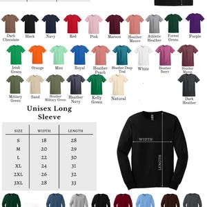 May include: Unisex short and long sleeve t-shirts in various colors, including black, navy, and red. Size chart with width and length measurements in inches. Gildan 64000.