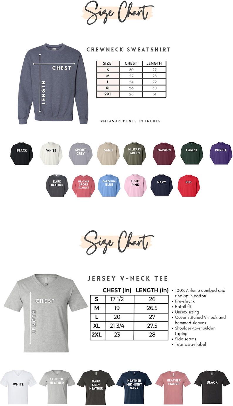 May include: Size charts for crewneck sweatshirts and jersey V-neck tees. The crewneck chart shows chest measurements from 20 to 28 inches and lengths from 27 to 31 inches. The V-neck chart shows chest measurements from 17 1/2 to 23 inches and lengths from 26 to 28 inches.