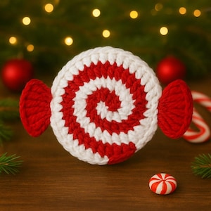 Puede incluir: Adorno de caramelo tejido a ganchillo con un diseño en espiral rojo y blanco. El adorno tiene acentos laterales rojos, que se asemejan a un caramelo envuelto. También se ve un pequeño caramelo de menta, junto con decoraciones navideñas.