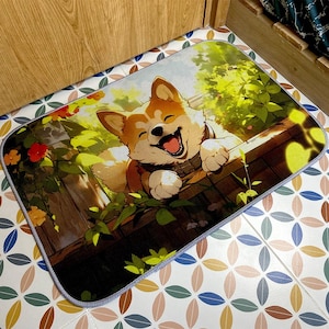 Happy Dog Welcome Mat|Cartoon Corgi Rug|Cheerful Pet Lover Gift|Outdoor Entry Rug|Cute Porch or Doorway Decor