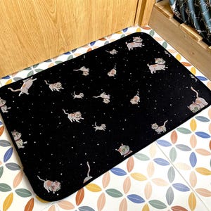 Flying Space Cat Rug|Dark Cartoon Pet Mat|Quirky Cat Lover Gift|Non Slip Bedroom, Hallway or Office Rug|Funny Decor Idea
