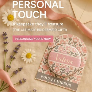 Personalized Floral Pocket Mirror | Sparkly Button Mirror with Holder