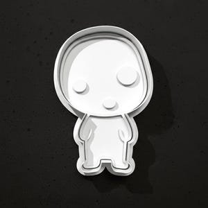 May include: A white, layered cookie cutter in the shape of a stylized cartoon character with a rounded head, two circular eyes, and a small mouth. The cutter is set against a dark, speckled background.