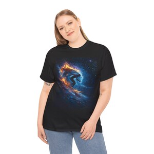 Cosmic Surfing Tee, Surfer T-Shirt, Beachwear, Space Art Shirt, Adventure Apparel, Gift for Surfers, Unisex Graphic Tee