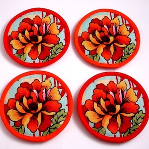Big Flower Coasters, Vibrant Coasters, Orange Flower Coasters, Beautiful Fabric Coasters, Felt Back Coasters, Round Coasters (Set of Four)