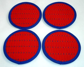 Fabric Coasters in Red Cotton, with Yale Blue and Green Stitching (Set of Four), Cotton Coasters,  Felt Back Coasters