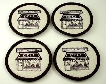 Sottobicchieri in tessuto, sottobicchieri in stoffa retrò, sottobicchieri da gastronomia, sottobicchieri con cartoni animati, sottobicchieri marroni e bianco sporco, sottobicchieri con retro in feltro (set di quattro)