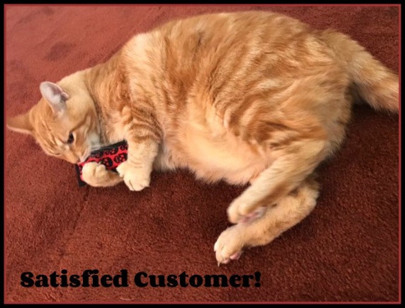 May include: An orange tabby cat lying on a brown surface, playing with a small, red and black patterned toy. The text "Satisfied Customer!" is at the bottom of the image.