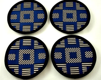 Classy Coasters, Shiny Blue Coasters, Modern Coasters, Stylish Coasters - Navy Blue, Black and Silver Cotton Blend Fabric (Set of Four)