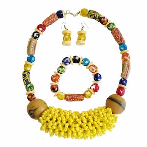 set of 3 AFRICAN handmade trade bead choker statement necklace bracelet earrings