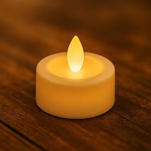 May include: A small, round, battery-powered candle with a flickering yellow flame. The candle is a creamy off-white colour and sits on a wooden surface. The flame is teardrop-shaped and emits a warm glow, creating a cosy ambience.