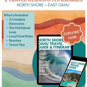 May include: A digital bundle featuring two travel guides and itineraries for Oahu, North Shore and East Oahu. The display shows a tablet and smartphone screen with text including Complete Oahu Bundle, Explore Now, and travel details.