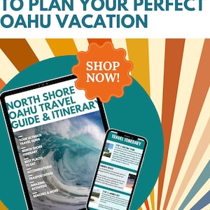 May include: A digital travel guide and itinerary for Oahu vacation planning. The image shows a tablet and smartphone displaying travel information, with text that reads "Everything You Need to Plan Your Perfect Oahu Vacation" and "Shop Now!"