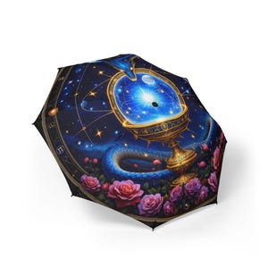 Paraguas de Dragón Celestial, Diseño de Carta Estelar Galáctica, Paraguas Plegable Místico, Dosel de Rosas y Serpientes de Fantasía, Regalo Único para Soñadores